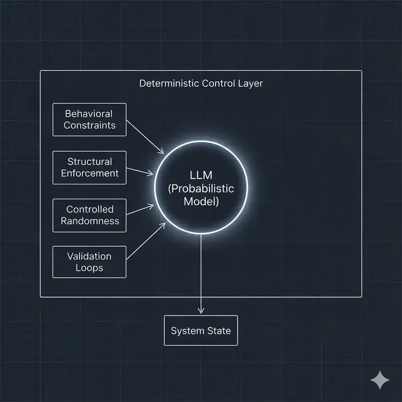 AI reliability architecture diagram showing a deterministic control layer around an LLM (probabilistic model) with behavioral constraints, structural enforcement, controlled randomness, and validation loops managing system state.